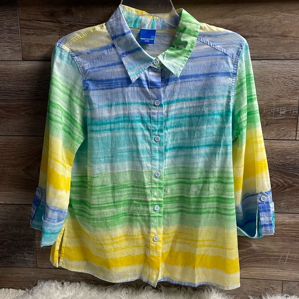 SAPPHIRE STAR Petite Ladies Multicolor 3/4 Sleeve Button Up Blouse